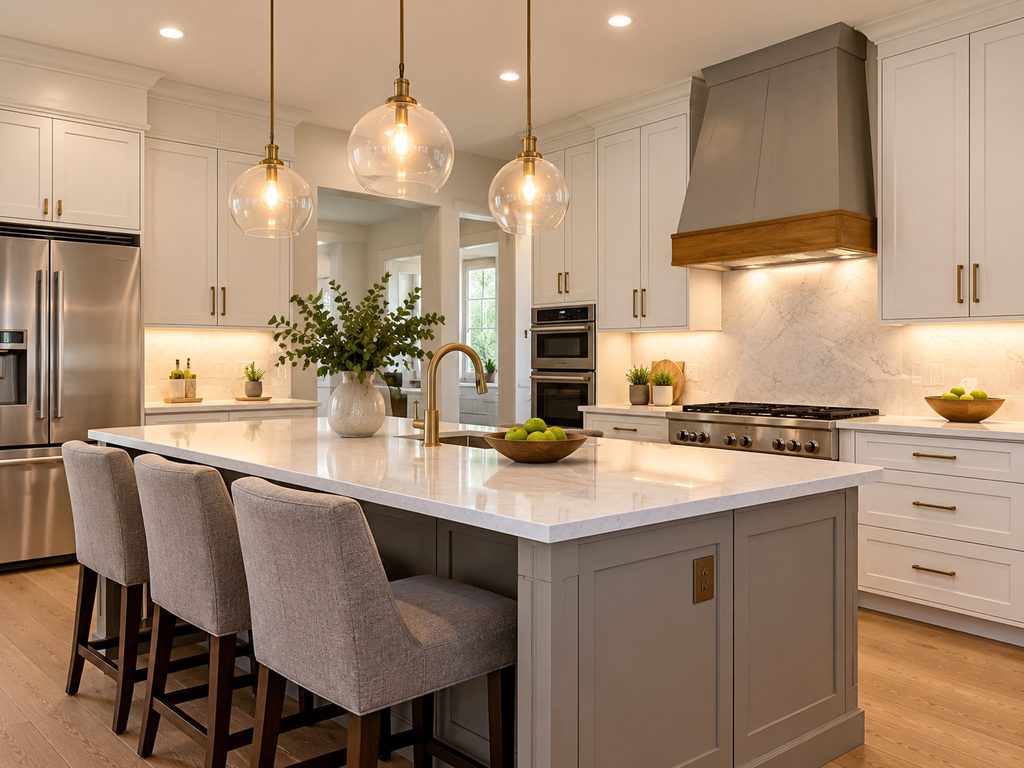 Modern kitchen with LED recessed lights, pendant lighting, and under-cabinet task lighting