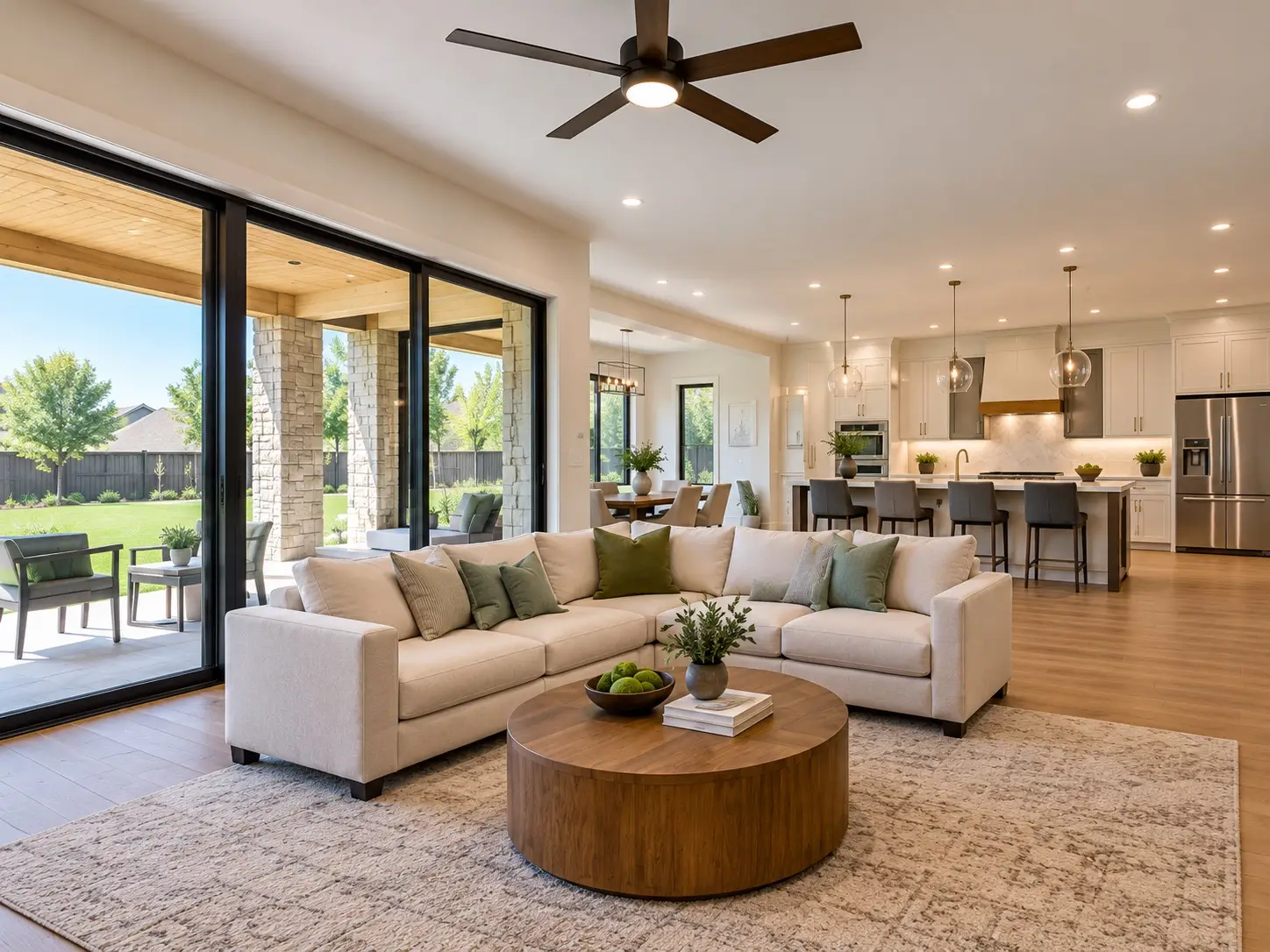 Energy-efficient home remodeling with open living room, modern kitchen, large windows, and LED lighting