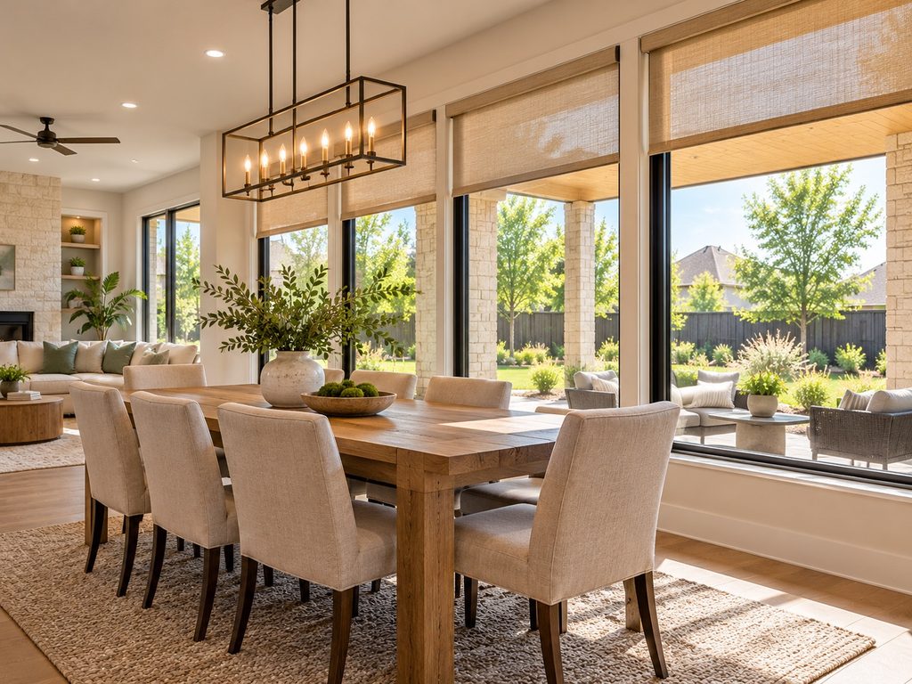 Sunlit dining room with large energy-efficient windows, window shades, and natural daylight
