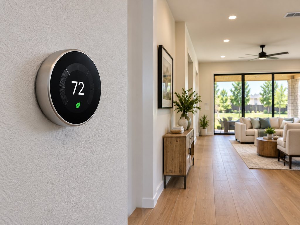 Smart thermostat controlling heating and cooling in a remodeled energy-efficient home